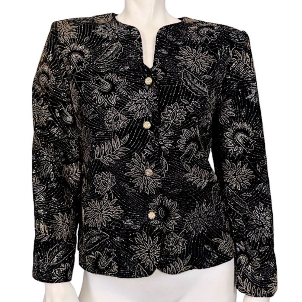 GOLDSTNOR Norton McNaughton Black Velour Silver Gold Floral Glitter Jacket